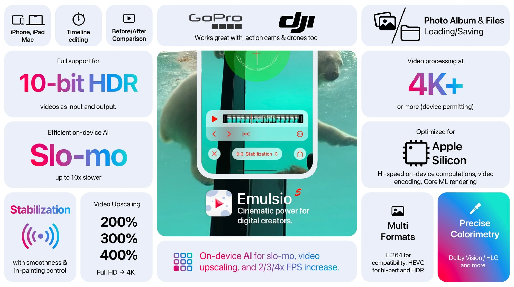 Emulsio 5 is here with AI slow motion, video upscaling, and improved stabilization.