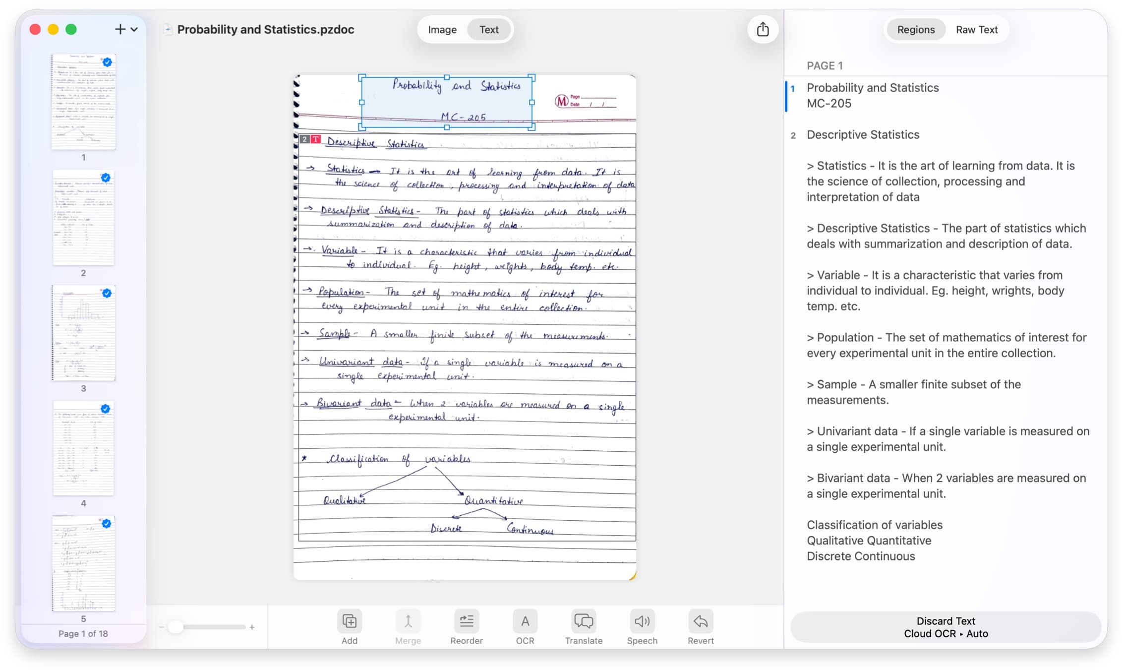 Display of handwritten document processing in Prizmo.