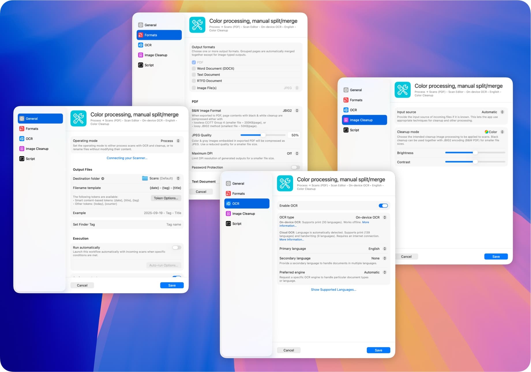 Prizmo Remix, rich application settings for formats, ocr, image processing, and more.