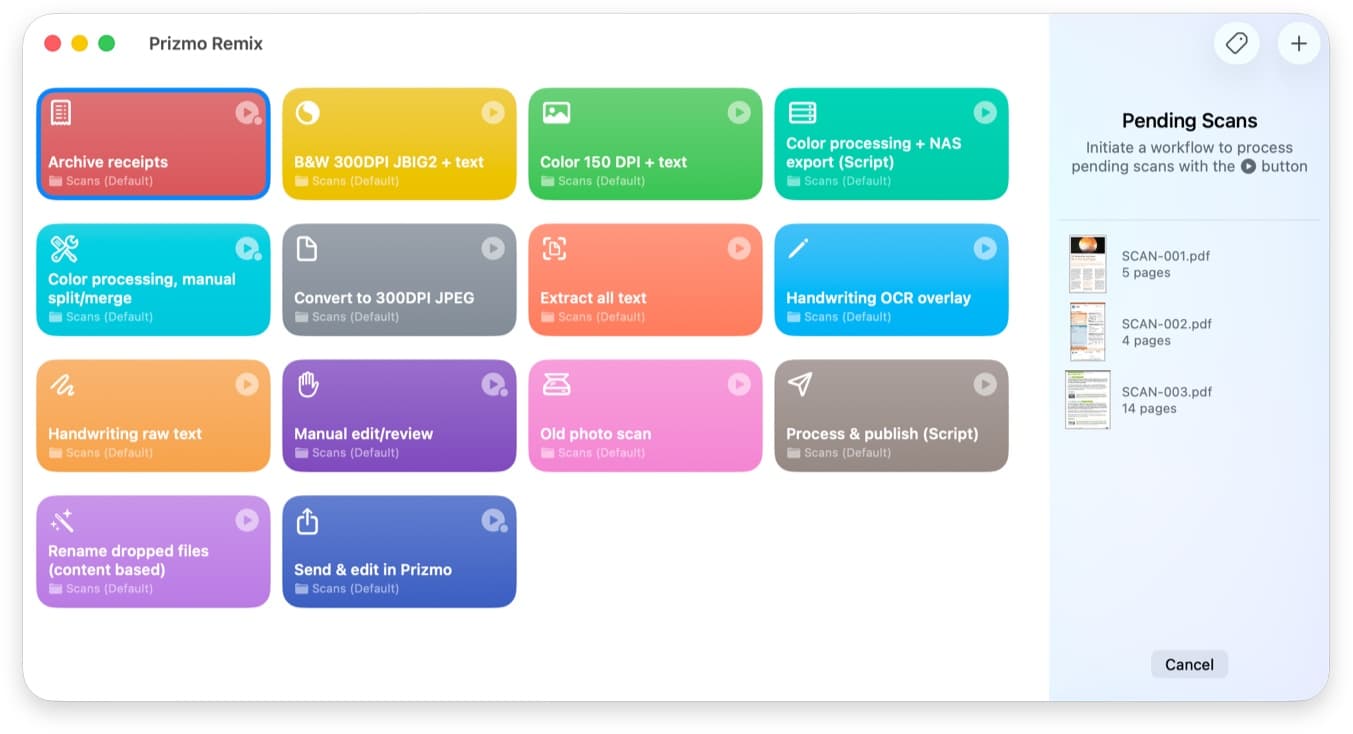 Prizmo Remix showing a number of predefined workflows, ready for processing scanner output.